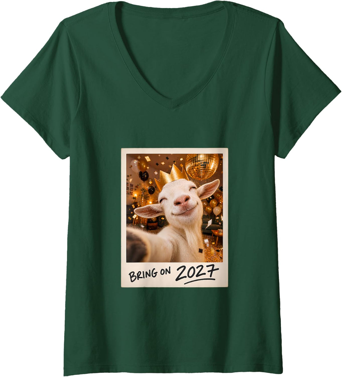 Women's Bring On 2027 White Goat Selfie New Year V-Neck T-Shirt - Dark Green