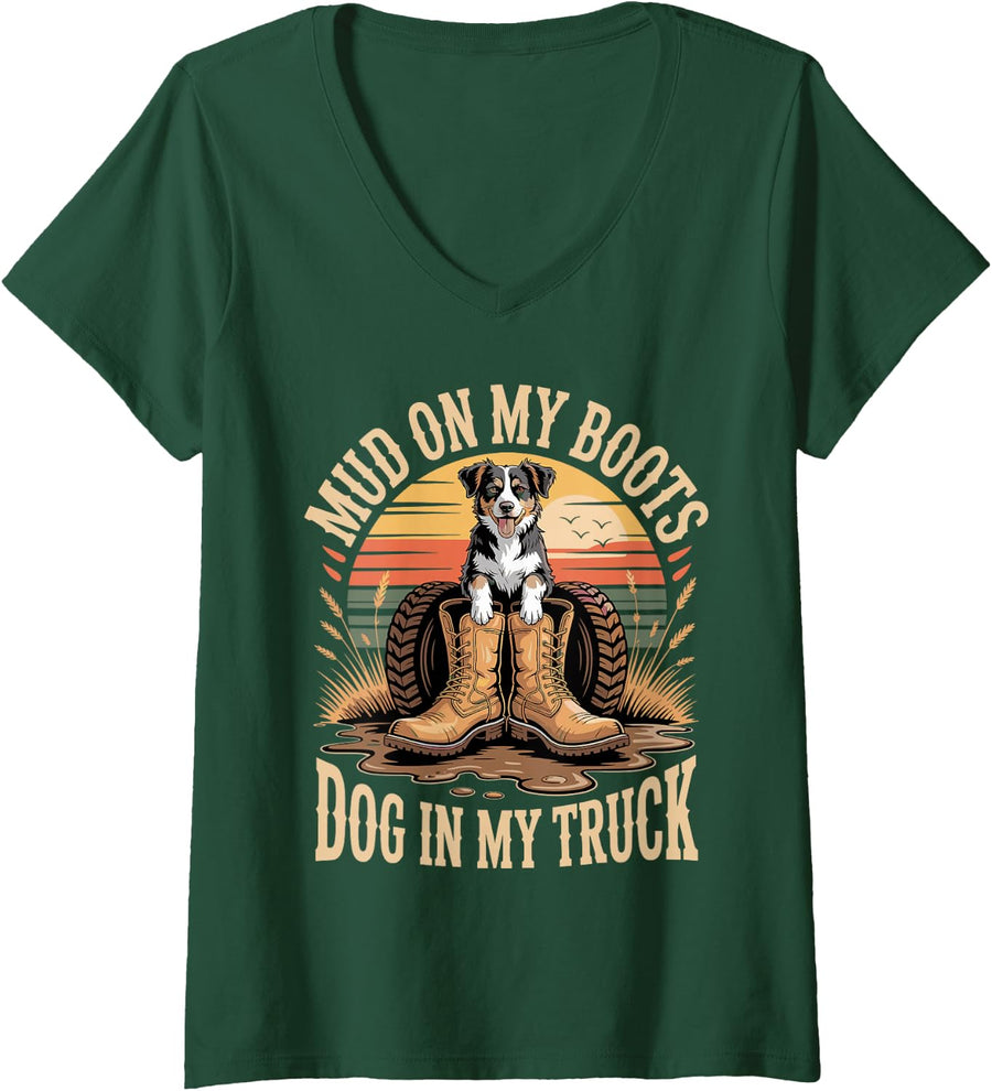 Women's Mud On My Boots Dog in My Truck Border Collie V-Neck T-Shirt - Dark Green