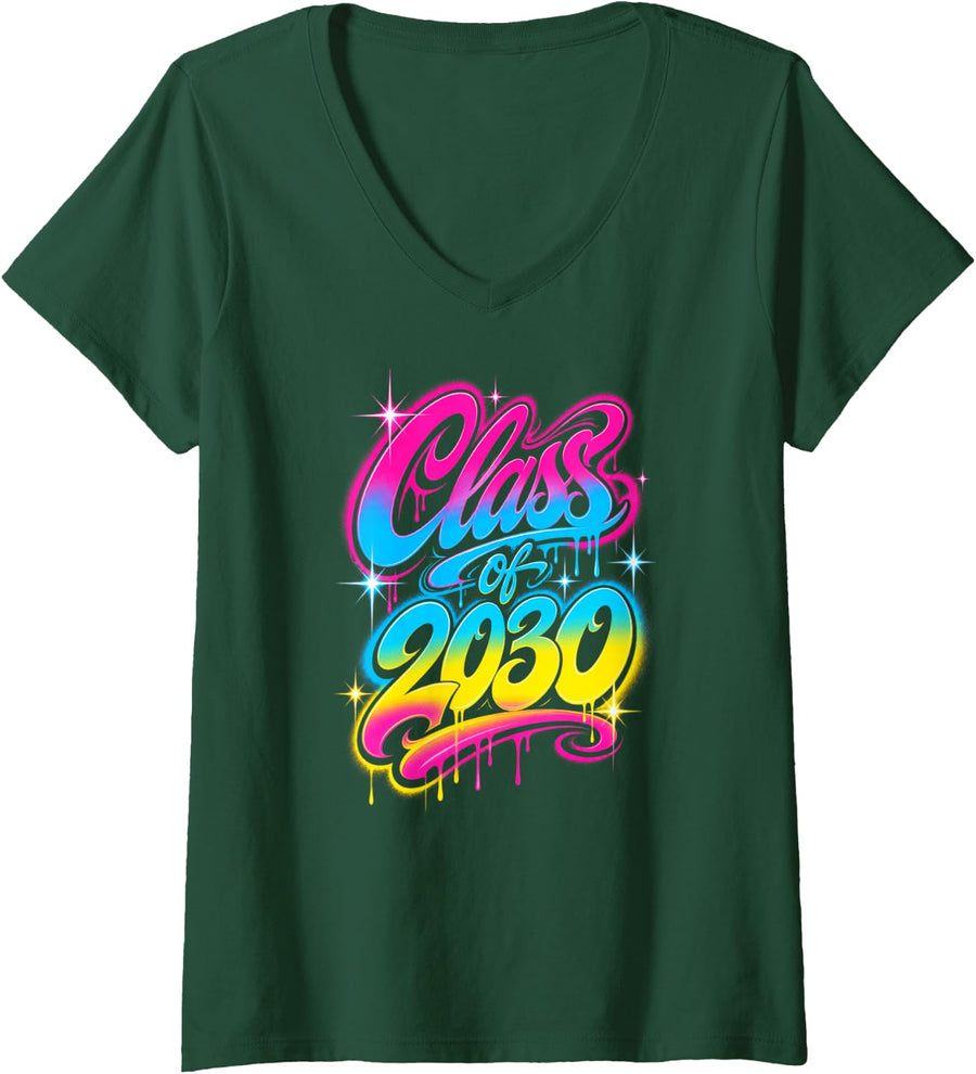 Women's Class of 2030 90s Airbrush Graffiti Dripping Paint School V-Neck T-Shirt - Dark Green