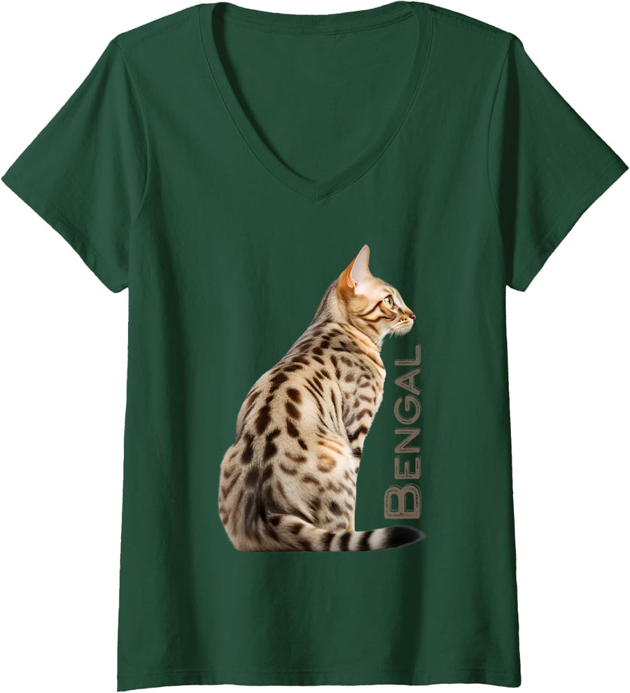 Women's Bengal Breed Cat Dad Leopard Spotted Kitty Men Women V-Neck T-Shirt - Dark Green