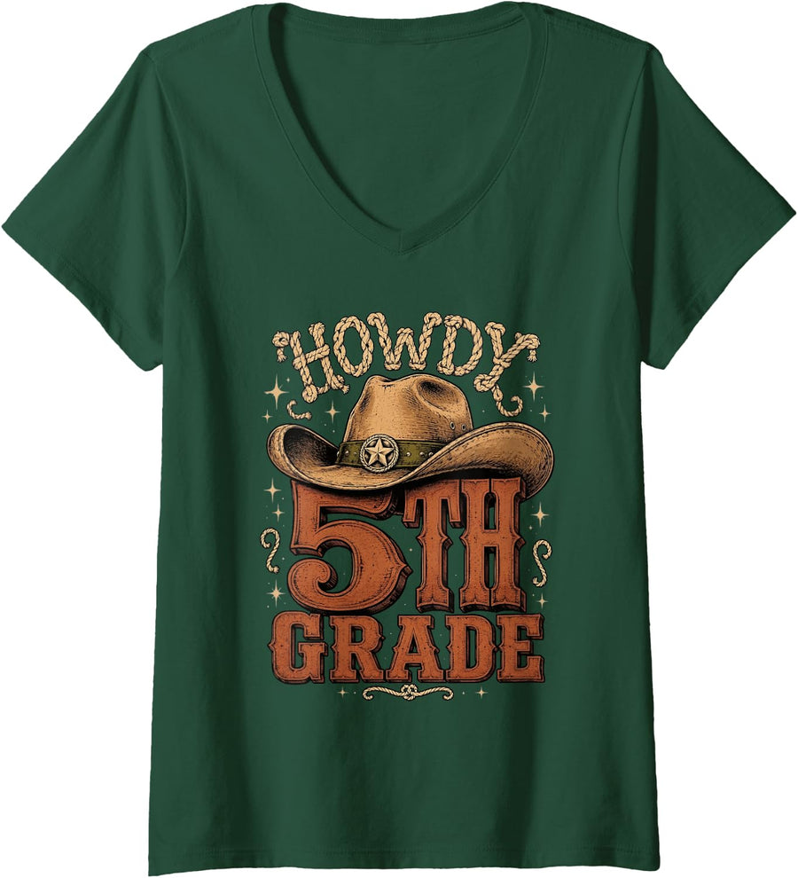 Women's Western Cowboy Teacher Howdy 5th Grade V-Neck T-Shirt - Dark Green
