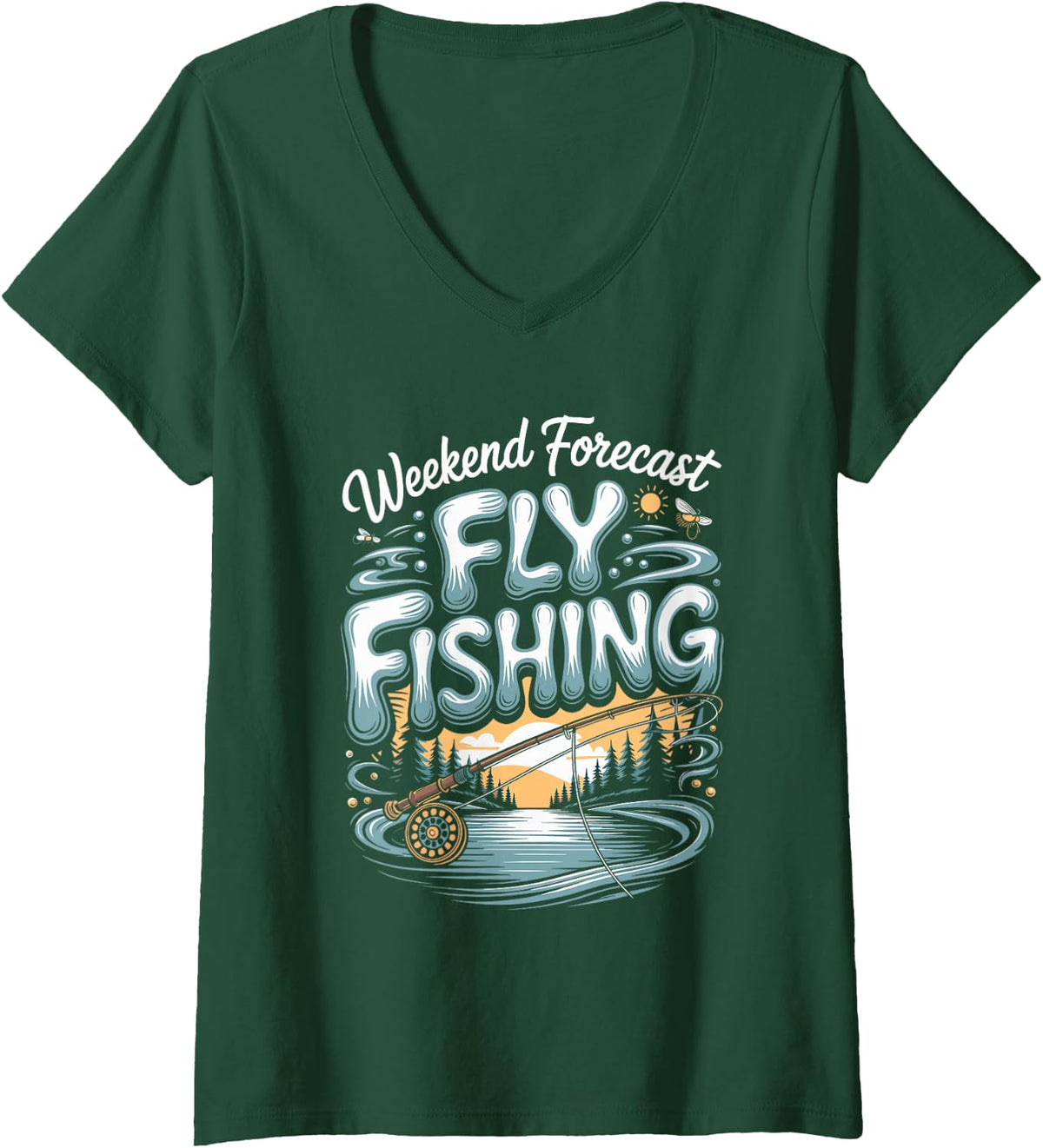 Women's Weekend Forecast Fly Fishing Angler Trout V-Neck T-Shirt - Dark Green