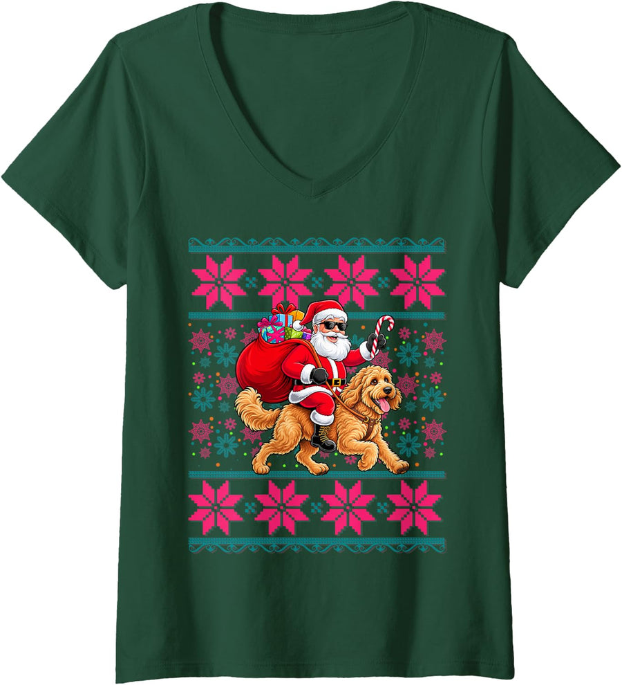 Women's Ugly Christmas Women Boy Girls Santa Riding Goldendoodle Dog V-Neck T-Shirt - Dark Green