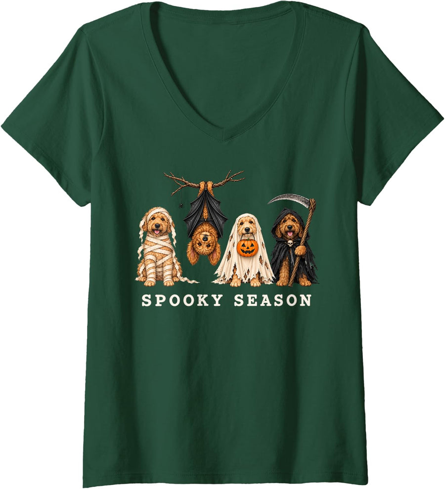 Women's Spooky Season Halloween Goldendoodle Dog Mummy Ghost Bat V-Neck T-Shirt - Dark Green