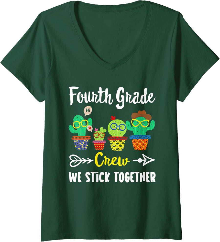 Women's 4th Grade Teacher Crew We Stick Together Funny Cactus V-Neck T-Shirt - Dark Green