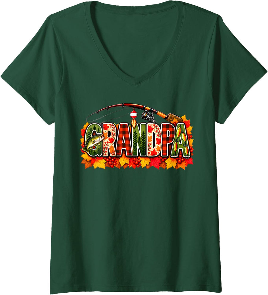 Women's Thanksgiving Fishing Grandpa Fall Autumn Bass Birthday V-Neck T-Shirt - Dark Green