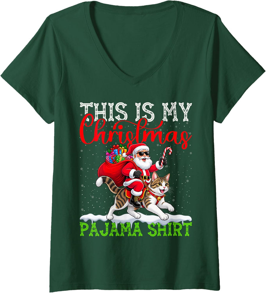 Women's This is My Bengal Cat Ugly Christmas Pajama Sweater Xmas V-Neck T-Shirt - Dark Green