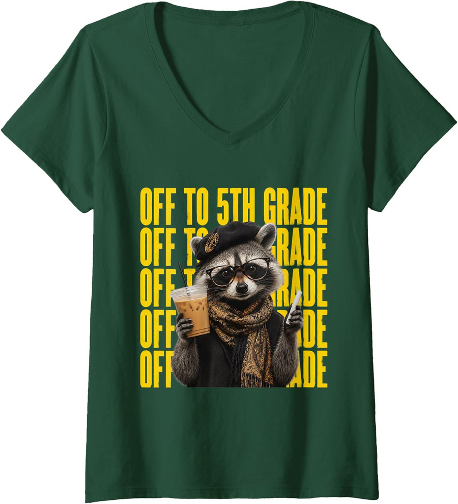 Women's Off to 5th Grade Raccoon Back to School Fifth Grade V-Neck T-Shirt - Dark Green