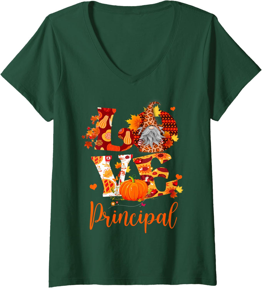 Women's Fall Leopard Love Principal Thanksgiving Gnome V-Neck T-Shirt - Dark Green