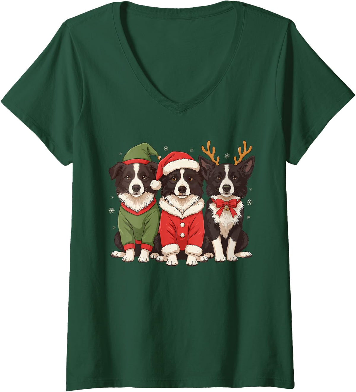 Women's Funny Border Collie Christmas Puppies Elf Santa Reindeer V-Neck T-Shirt - Dark Green