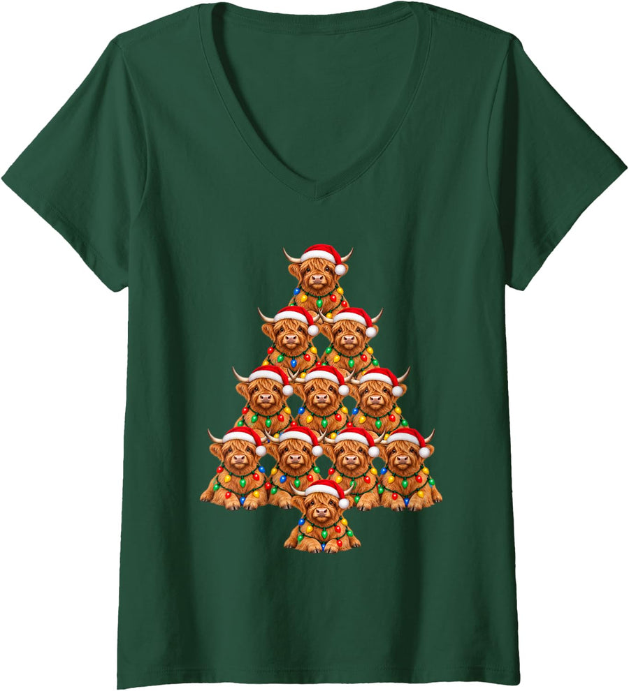 Women's Highland Cow Christmas Tree Santa Hat Animal Lover Xmas V-Neck T-Shirt - Dark Green