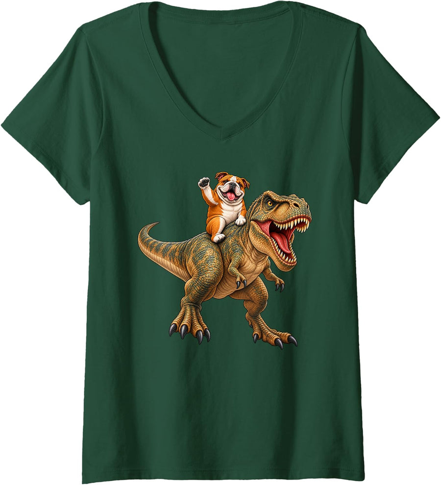 Women's Bulldog Dog T-Rex Dinosaur Funny V-Neck T-Shirt - Dark Green