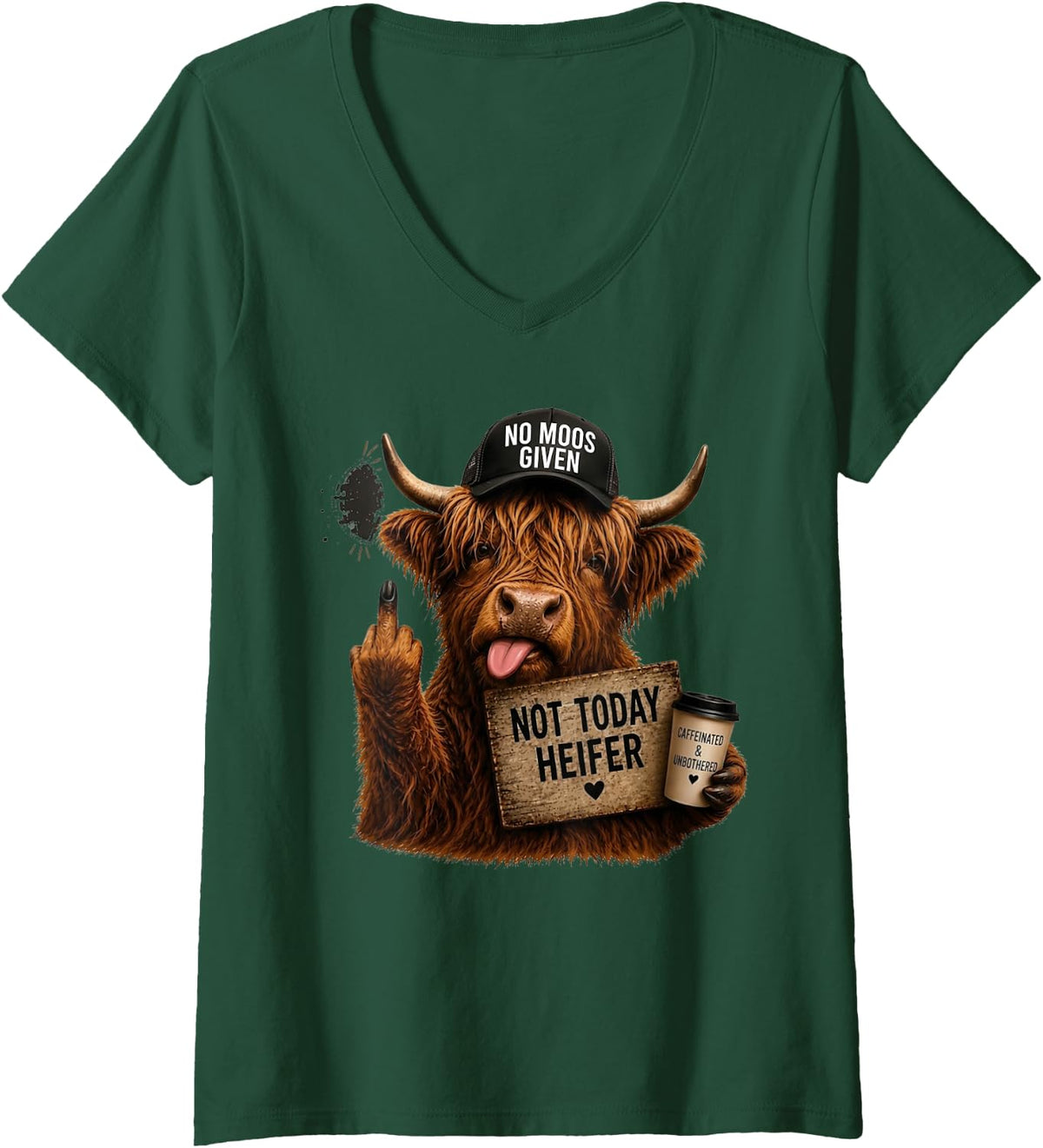 Women's Highland Cow Middle Finger Not Today Heifer V-Neck T-Shirt - Dark Green