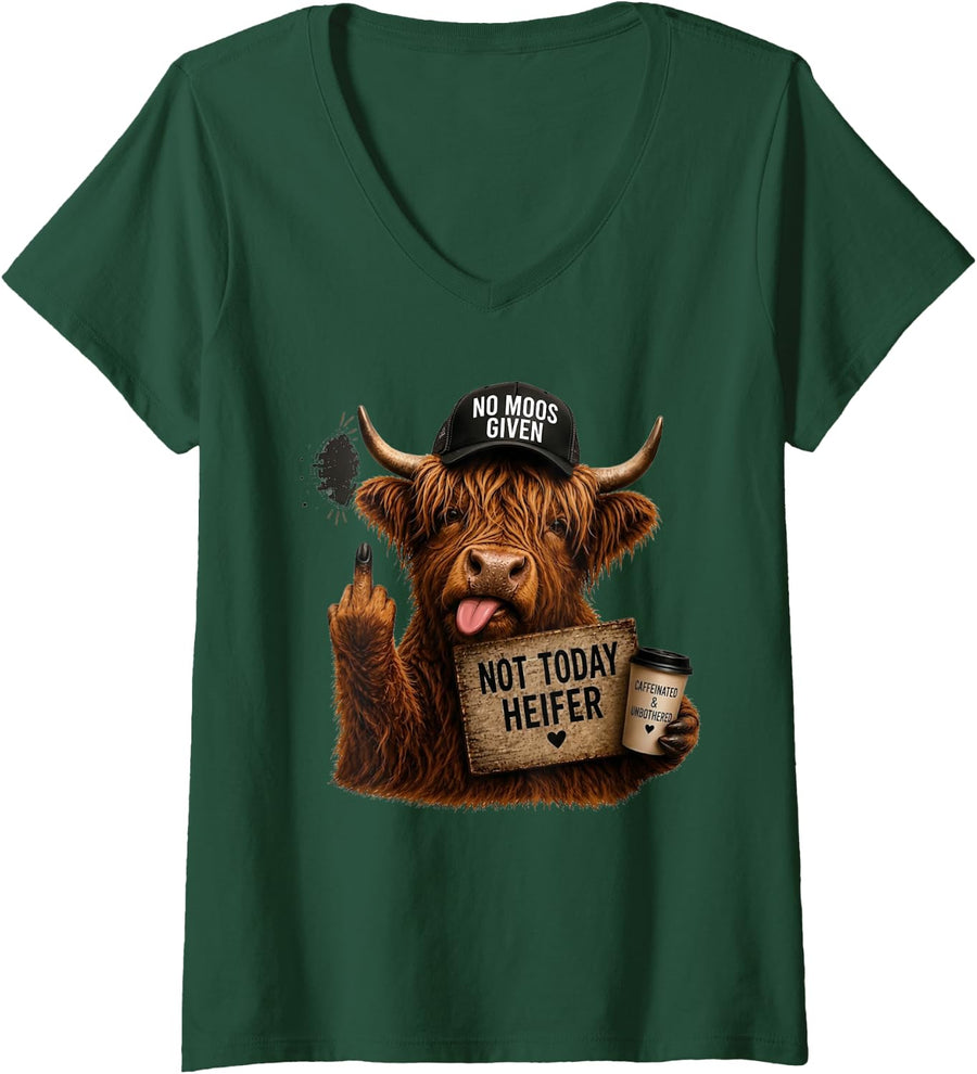 Women's Highland Cow Middle Finger Not Today Heifer V-Neck T-Shirt - Dark Green