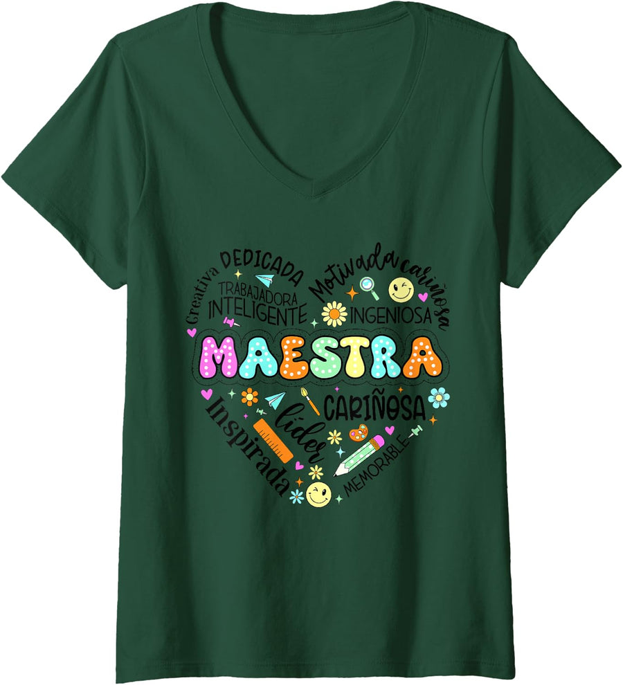 Women's Maestra Spanish Teacher Meastra V-Neck T-Shirt - Dark Green