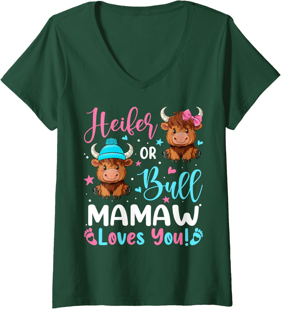 Women's Bull or Heifer Mamaw Loves You Highland Cow Lover V-Neck T-Shirt - Dark Green