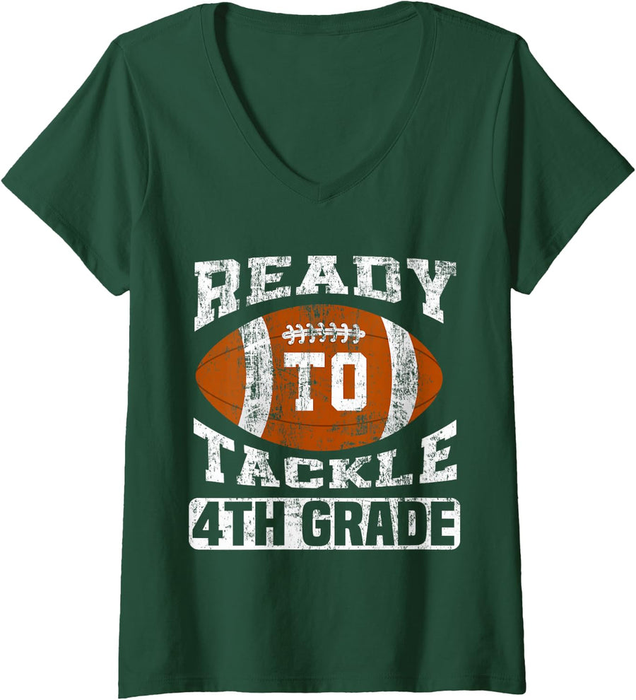 Women's Ready to Tackle 4th Grade Football Student Youth Design V-Neck T-Shirt - Dark Green