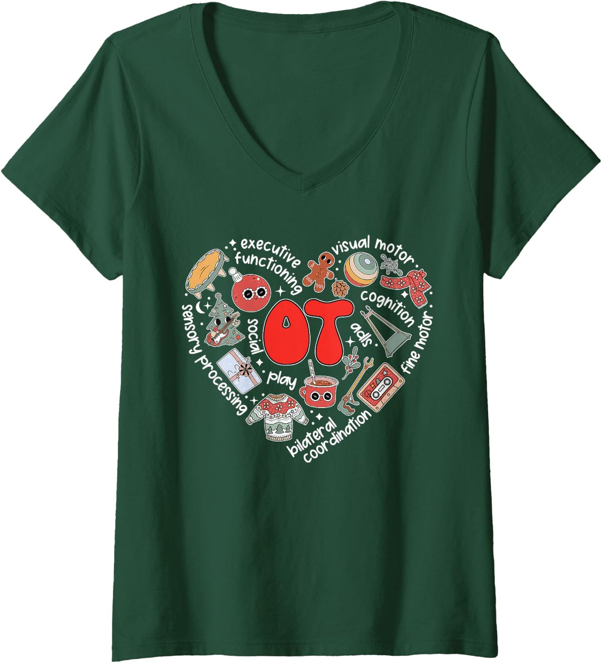 Women's OT Occupational Therapy Heart Christmas OT Therapist Xmas V-Neck T-Shirt - Dark Green