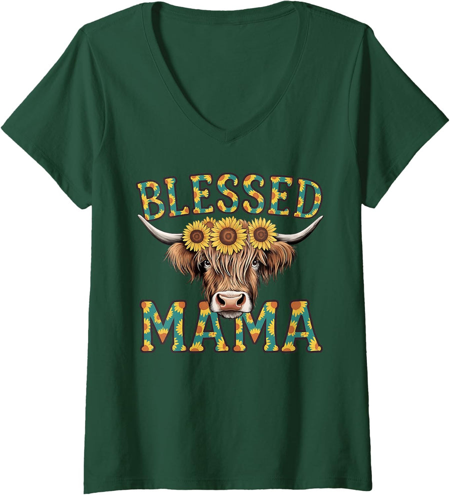 Women's Cute Blessed Mama Highland Cow Mom Sunflowers Mothers Day V-Neck T-Shirt - Dark Green