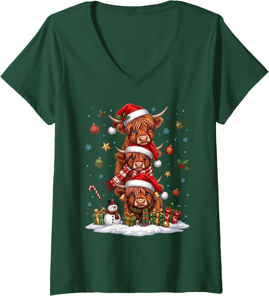 Women's Cute Christmas Highland Cow Santa Hat Cow Lovers V-Neck T-Shirt - Dark Green