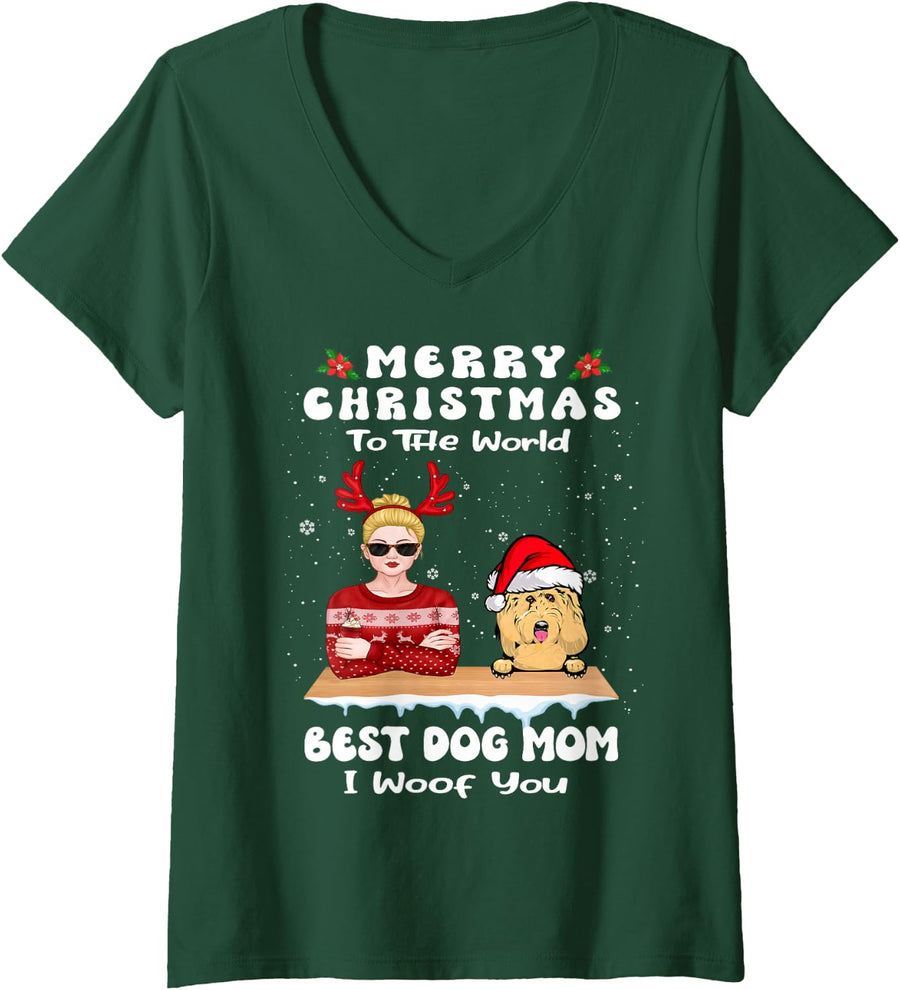 Women's Goldendoodle Christmas to The World Best Dog Mom Funny Xmas V-Neck T-Shirt - Dark Green