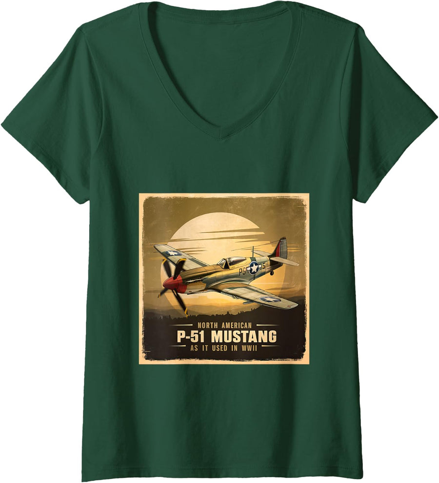 Women's North American P-51 Mustang WW2 Fighter Vintage Airplane V-Neck T-Shirt - Dark Green