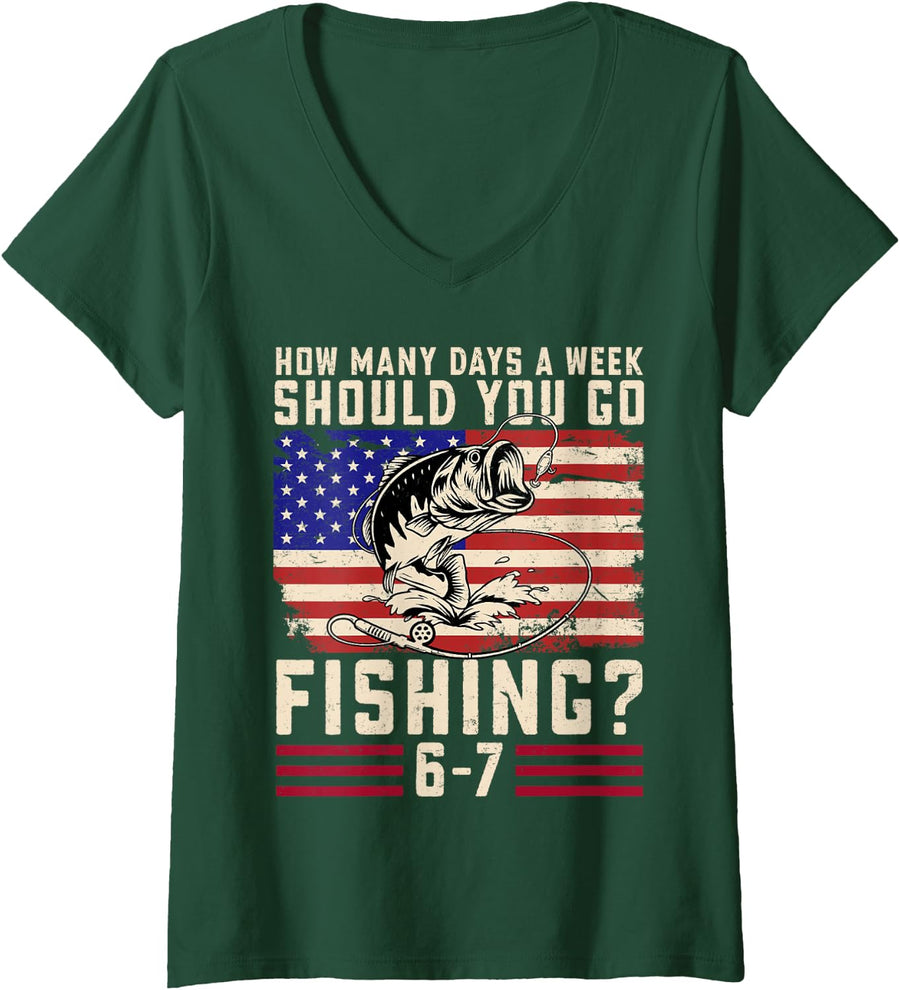 Women's Funny Fishing Six Seven Boy Teens Kid USA Flag Bass Fish 67 V-Neck T-Shirt - Dark Green