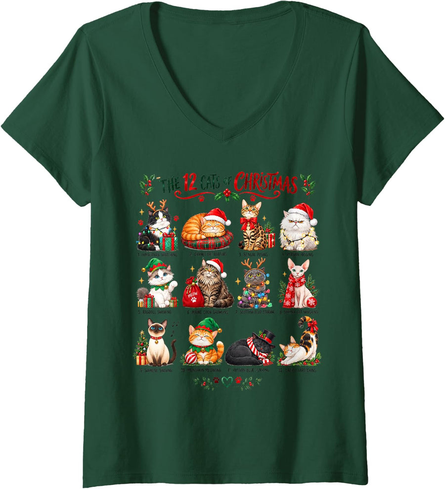Women's Cute Christmas Cat Lover 12 Festive Kitties Mom Dad Holiday V-Neck T-Shirt - Dark Green
