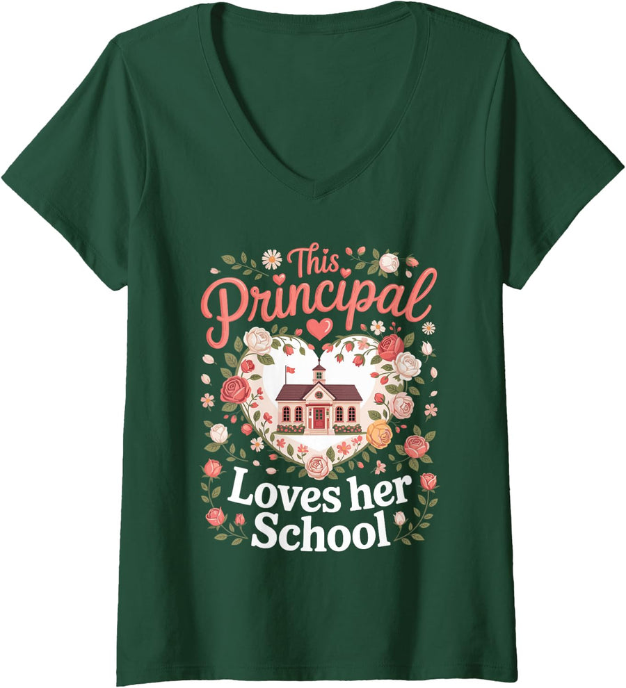 Women's This Principal Loves Her School Woman Leadership V-Neck T-Shirt - Dark Green