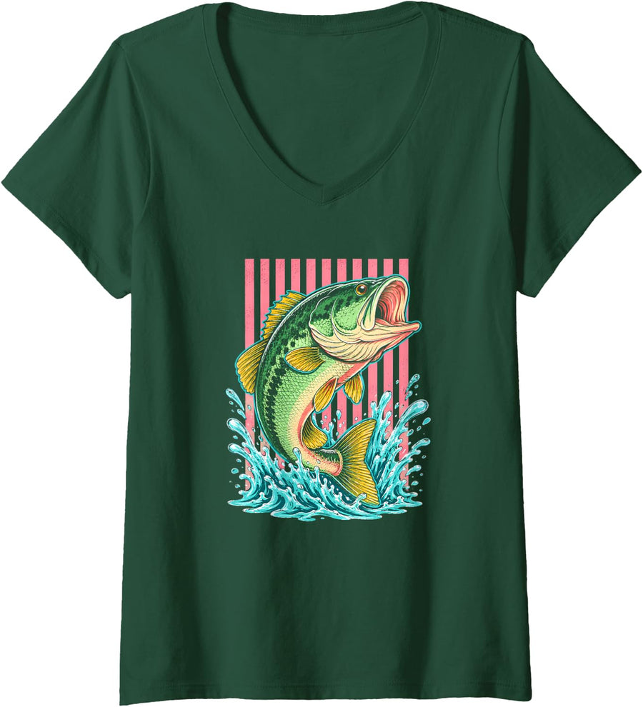 Women's Colorful Largemouth Bass Fishing Angler Water Splash Retro V-Neck T-Shirt - Dark Green