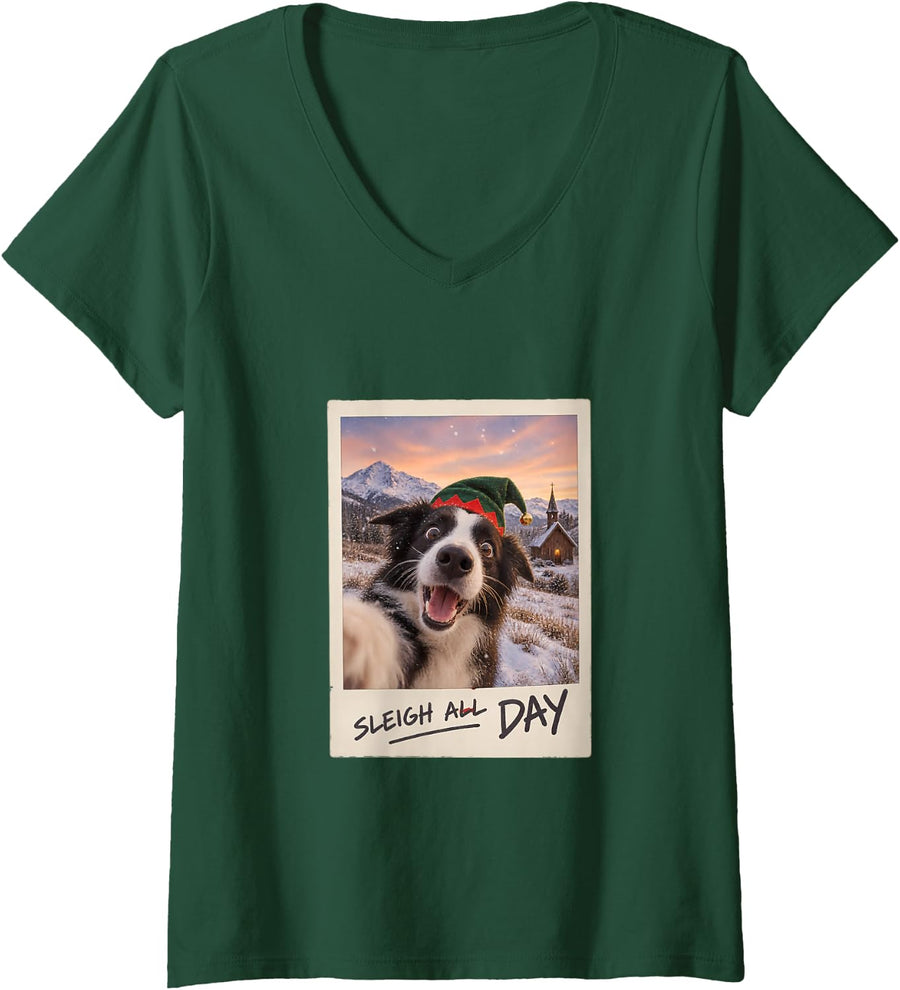 Women's Sleigh All Day Christmas Funny Border Collie Dog V-Neck T-Shirt - Dark Green