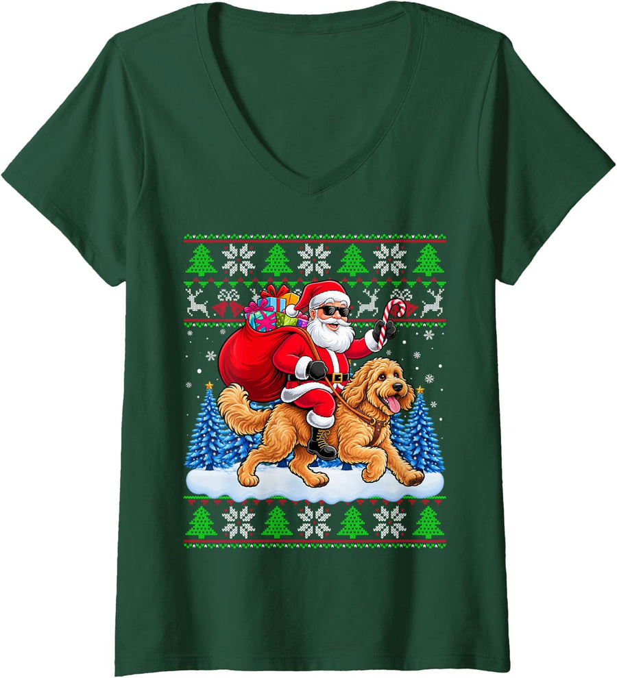 Women's Ugly Christmas Santa Riding Goldendoodle Kids Girls Boy Xmas V-Neck T-Shirt - Dark Green