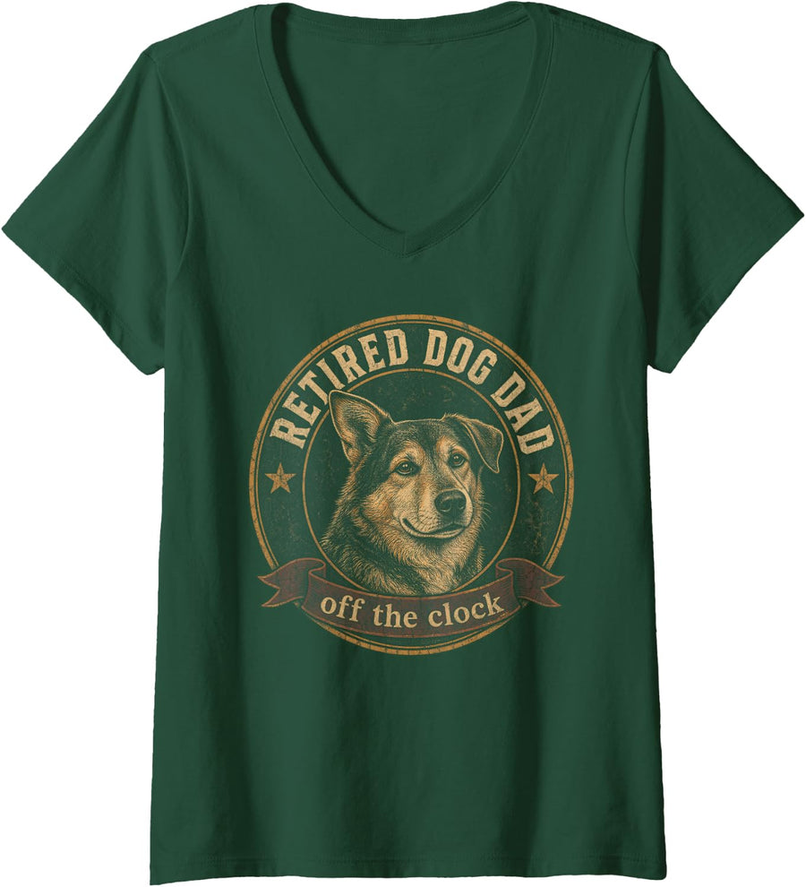 Women's Retired Dog Dad Retirement Puppy Lover Vintage V-Neck T-Shirt - Dark Green