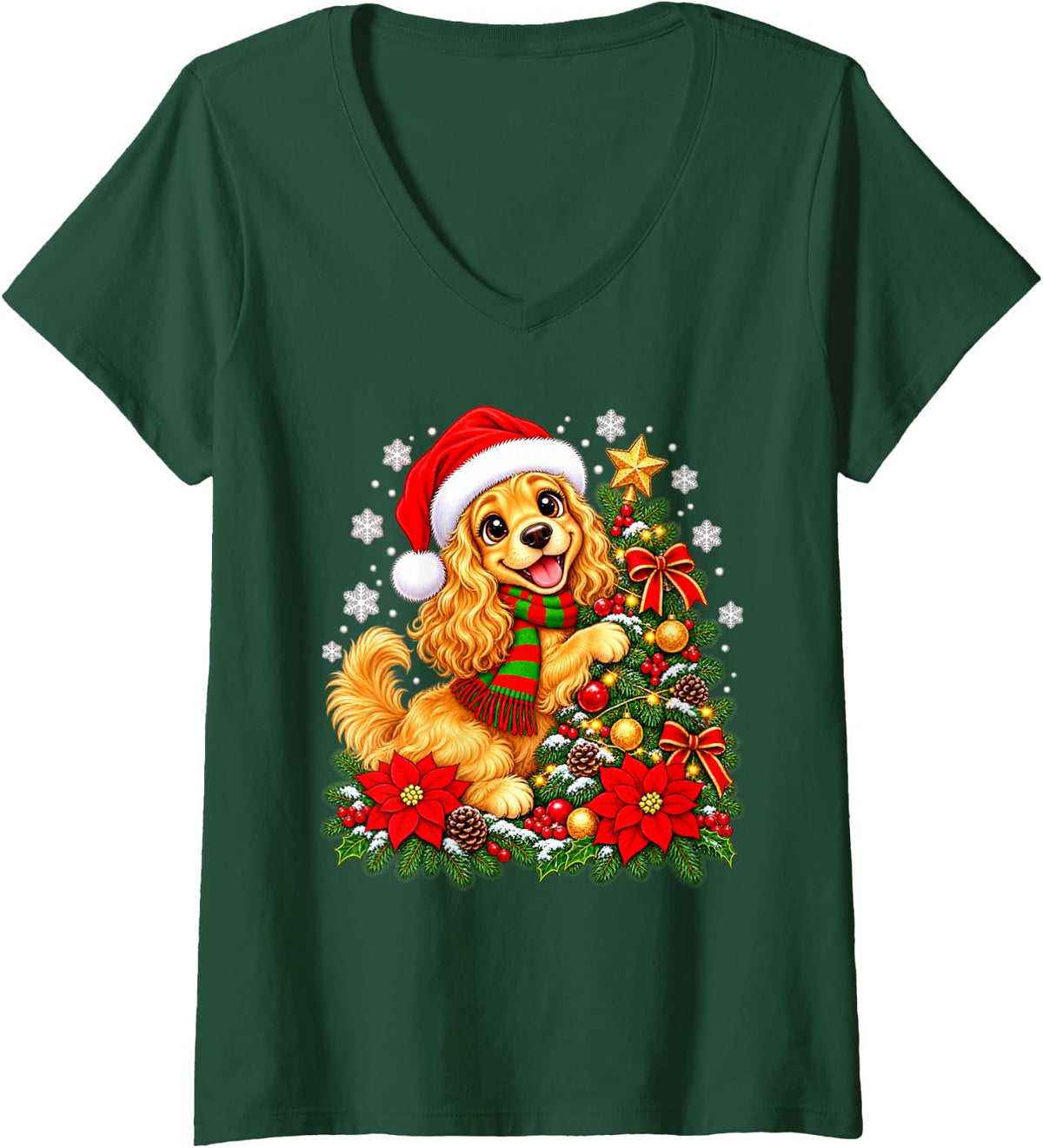 Women's Christmas Tree Cocker Spaniel Santa Hat Men Women Kids V-Neck T-Shirt - Dark Green