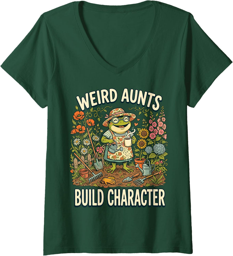 Women's Weird Aunts Build Character Funny Aunt Humor Family V-Neck T-Shirt - Dark Green