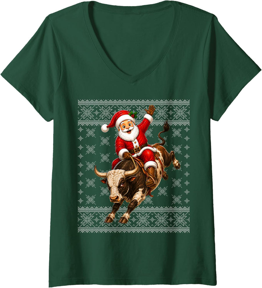 Women's Funny Christmas Rodeo Santa Bull Riding V-Neck T-Shirt - Dark Green