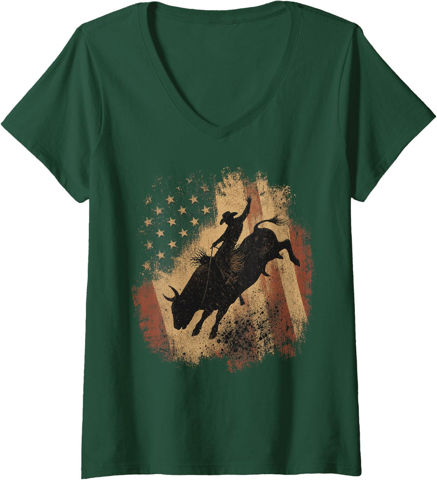 Women's Cowboy Riding Bull Patriotic American Flag Design V-Neck T-Shirt - Dark Green