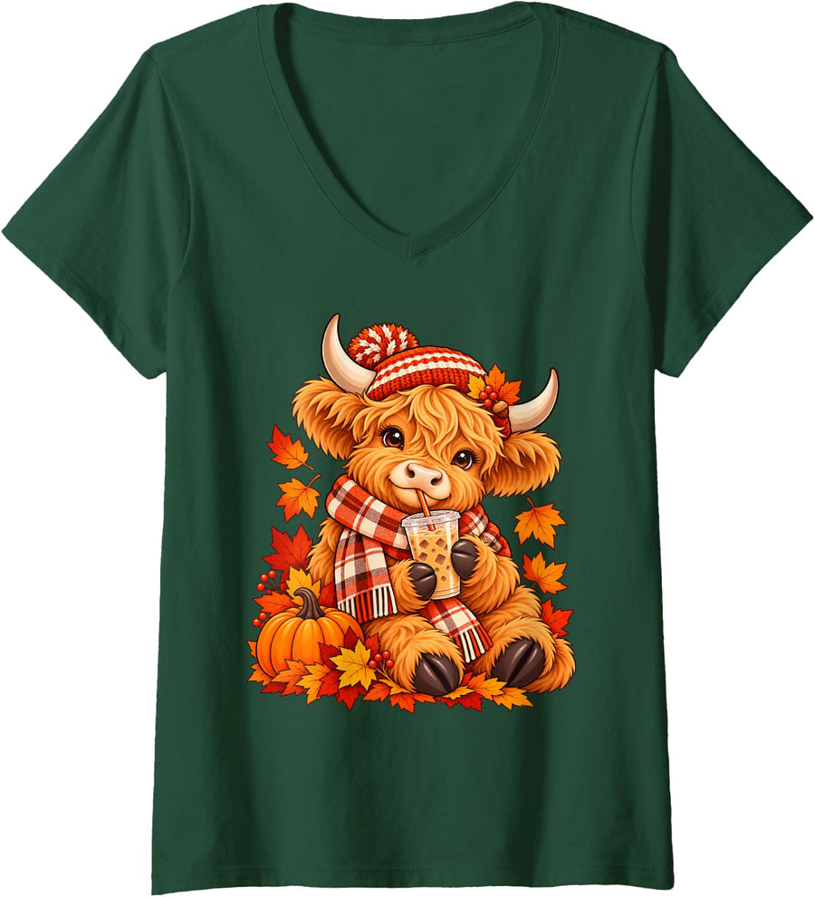Women's Highland Cow Fall Iced Coffee Pumpkin Autumn Farmer V-Neck T-Shirt - Dark Green