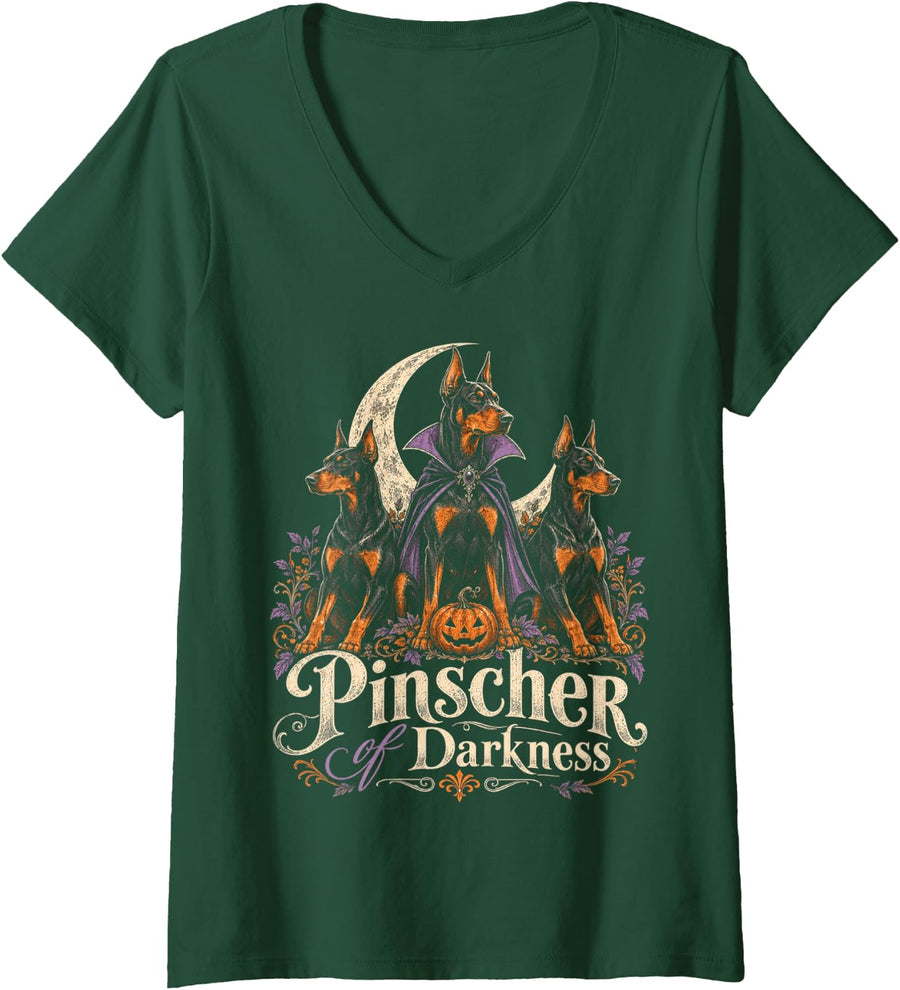 Women's Pinscher of Darkness Doberman Creepy Halloween Dogs Costume V-Neck T-Shirt - Dark Green