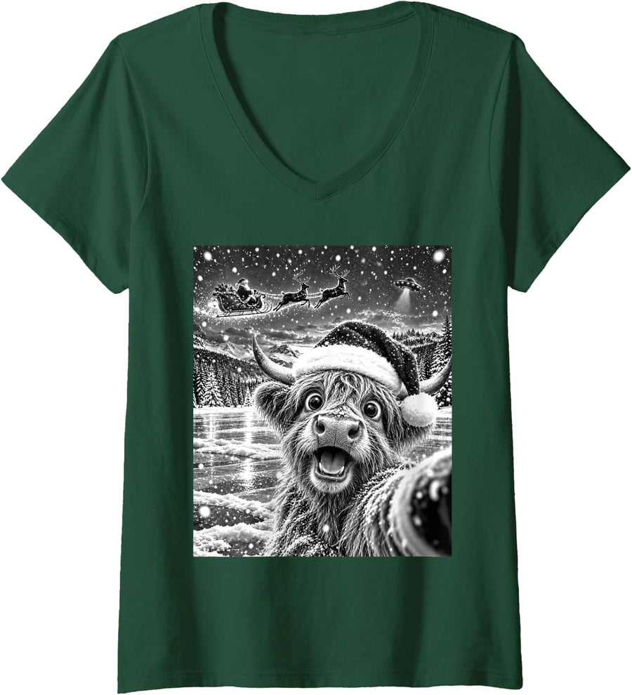 Women's Highland Cow Selfie with Santa Funny Christmas Kids V-Neck T-Shirt - Dark Green