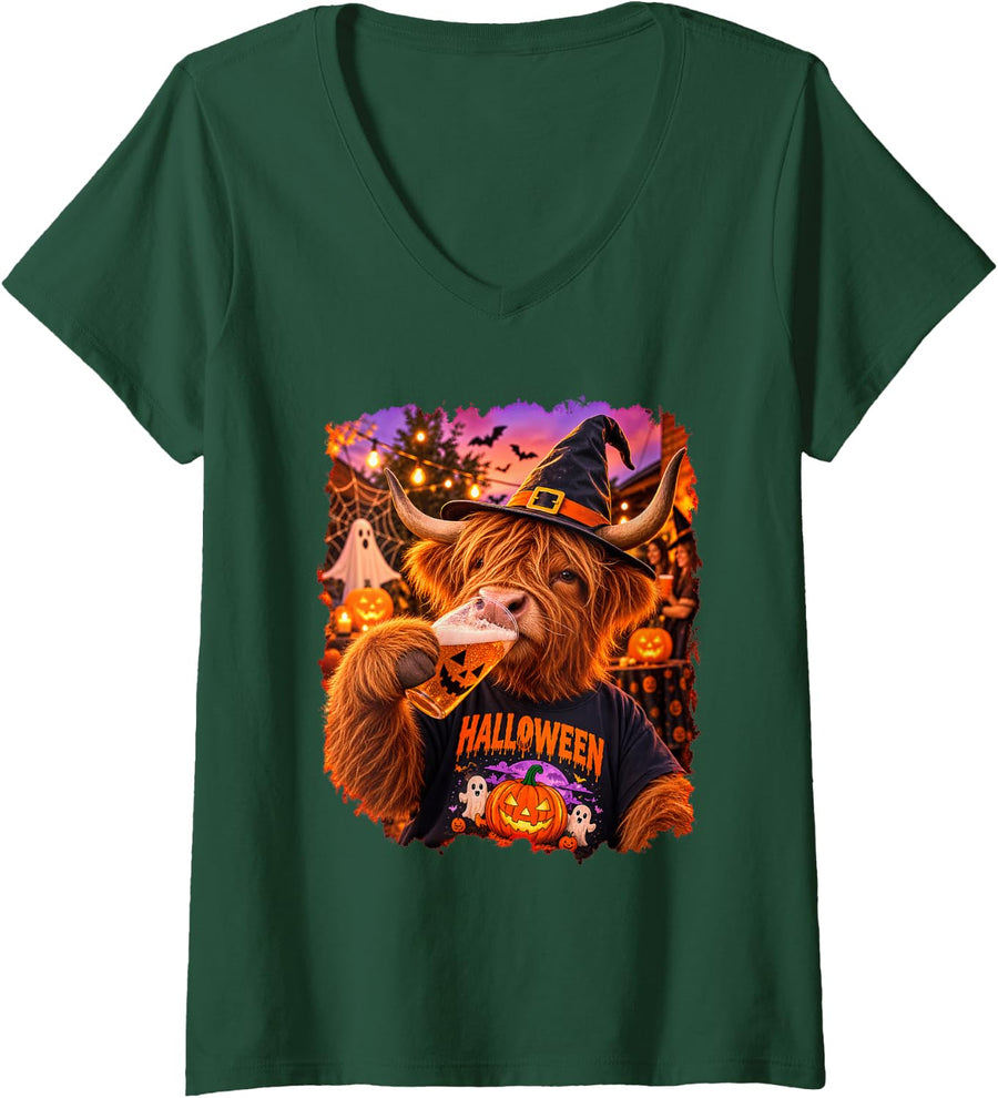 Women's Halloween Highland Cow Drinking Pumpkin Cup Funny Costume V-Neck T-Shirt - Dark Green