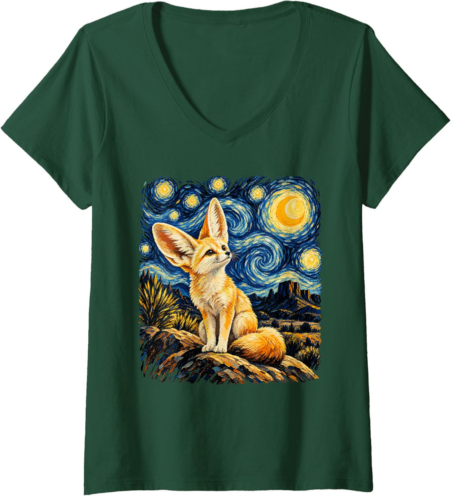 Women's Fennec Fox Van Gogh Starry Night Lover Wildlife Animal V-Neck T-Shirt - Dark Green