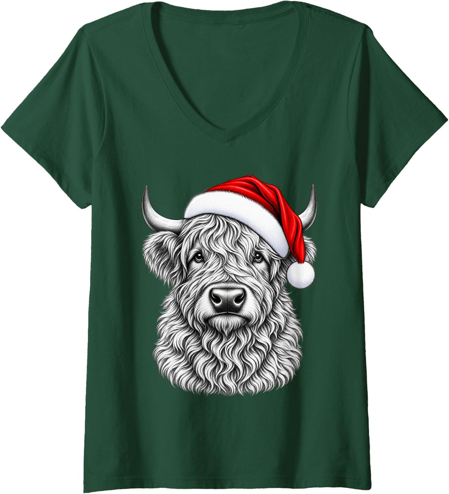 Women's Highland Cow Christmas Santa Hat Men Women Kids Xmas V-Neck T-Shirt - Dark Green
