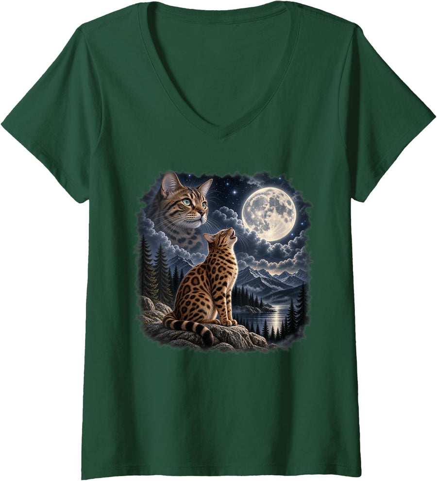 Women's Bengal Cat Howling At The Moon Cat Lover V-Neck T-Shirt - Dark Green