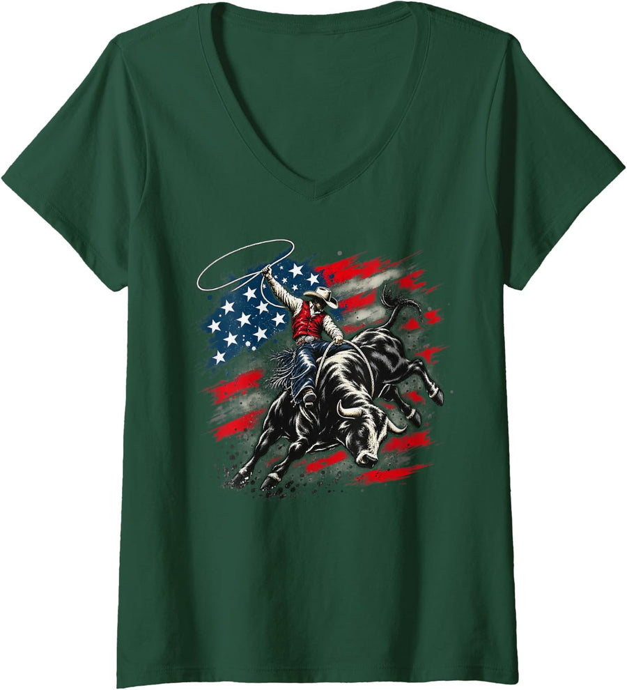 Women's Rodeo Cowboy Riding Bucking Bull USA Flag V-Neck T-Shirt - Dark Green
