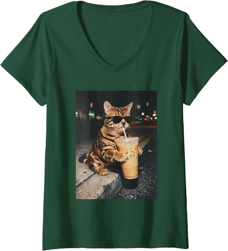 Women's Cool Bengal Cat with Sunglasses Drinking Iced Coffee V-Neck T-Shirt - Dark Green