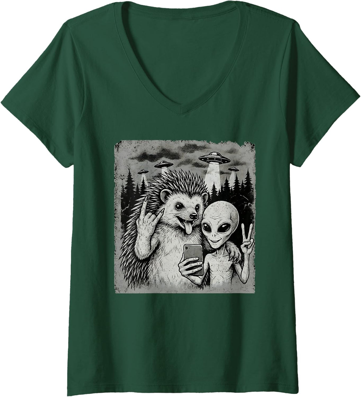 Women's Funny Hedgehog and Alien Rock On Hand Sign UFO Selfie V-Neck T-Shirt - Dark Green