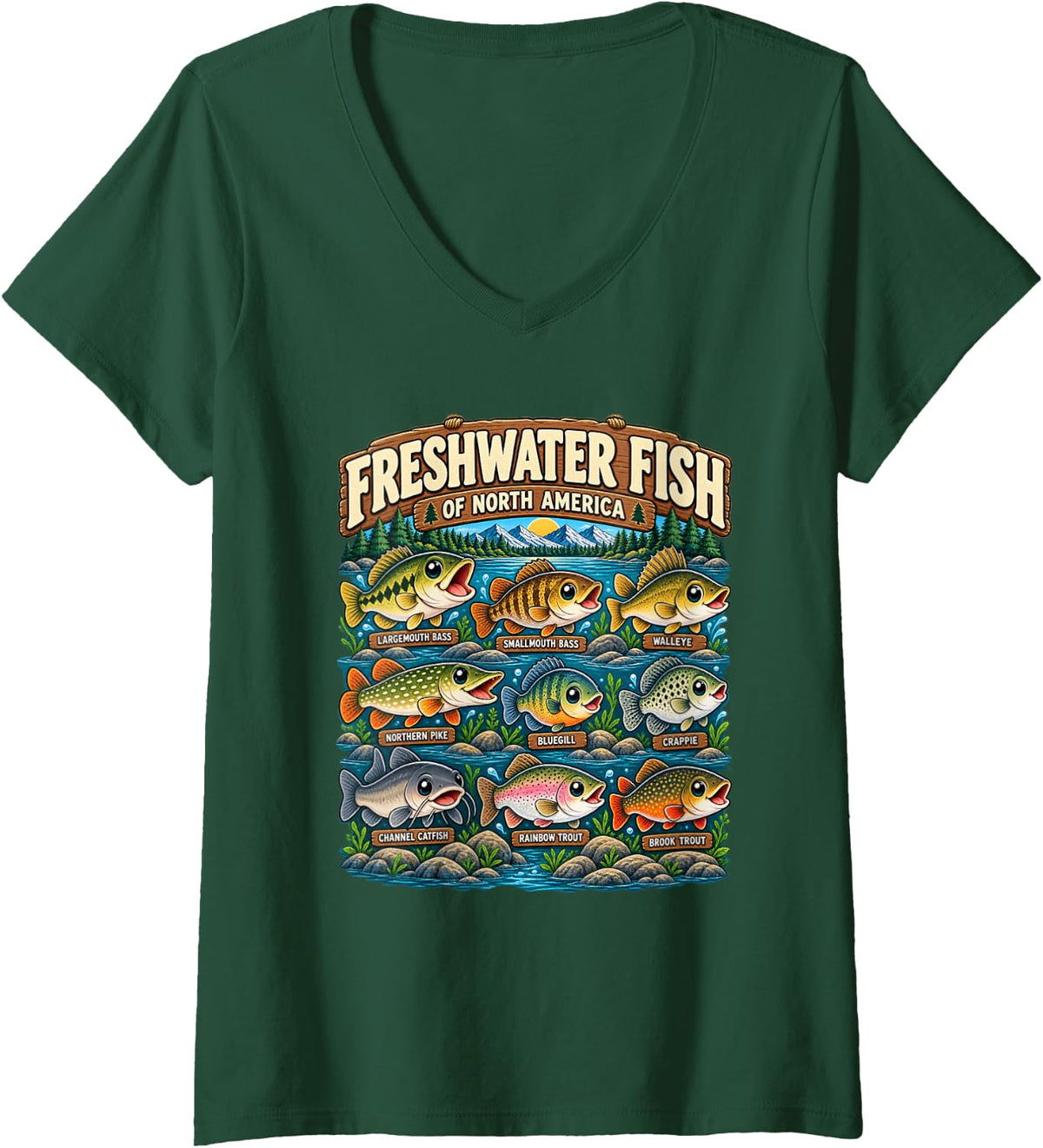 Women's Cute Freshwater Fish North America Bass Trout Fishing V-Neck T-Shirt - Dark Green