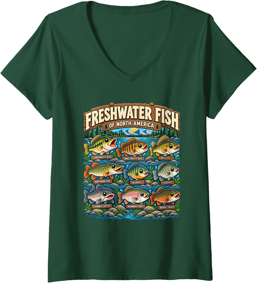 Women's Cute Freshwater Fish North America Bass Trout Fishing V-Neck T-Shirt - Dark Green