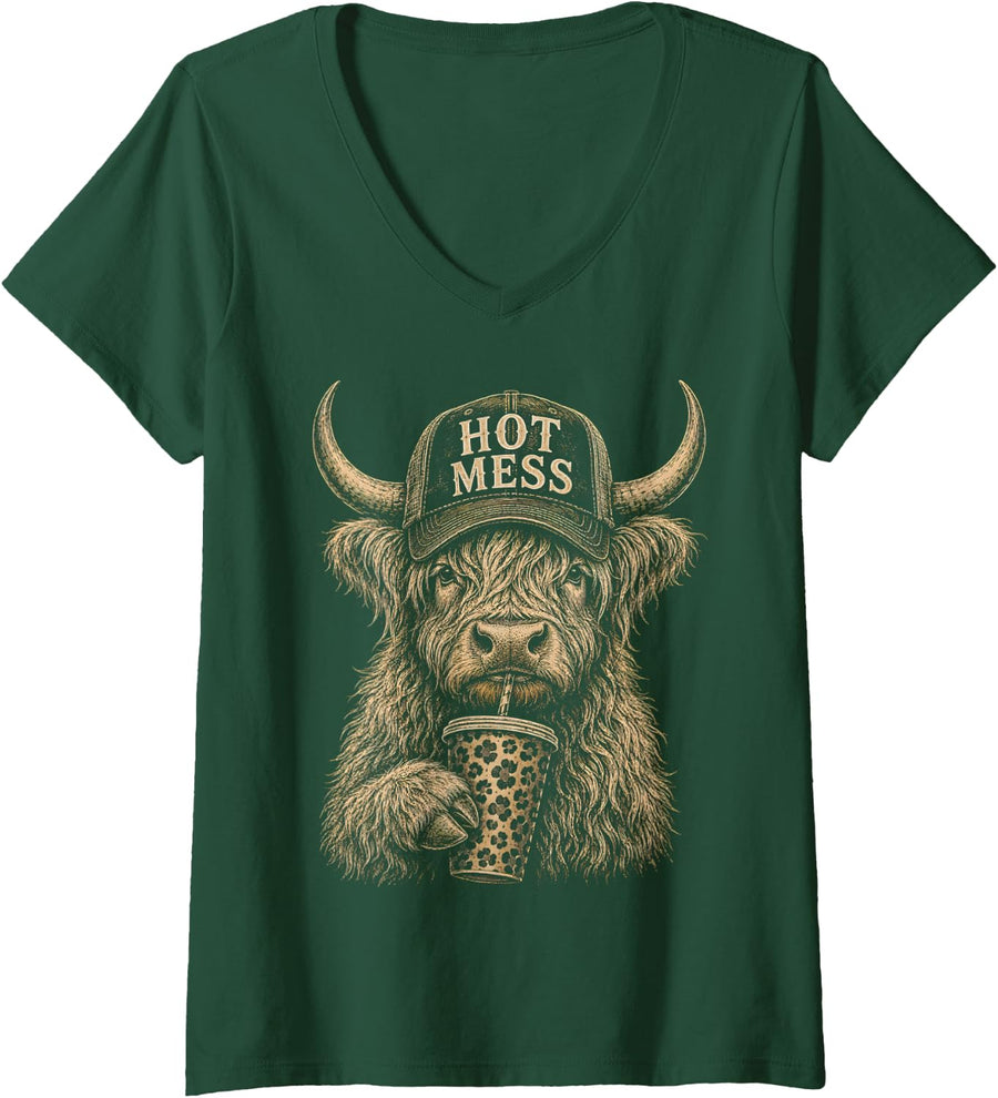 Women's Hot Mess Highland Cow Funny Cute Coffee Lover Graphic V-Neck T-Shirt - Dark Green
